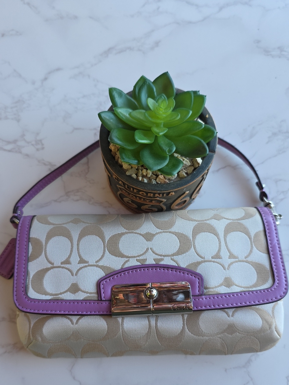 Coach Beige Purple Signature Canvas Wristlet with Lavender Trim Bag
